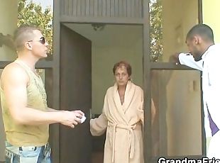 Interracial threesome orgy with granny